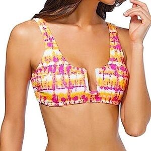 Ambrielle NWT's Tie Dye Pink and Yellow Plunge Swimwear Bikini Top Size Small